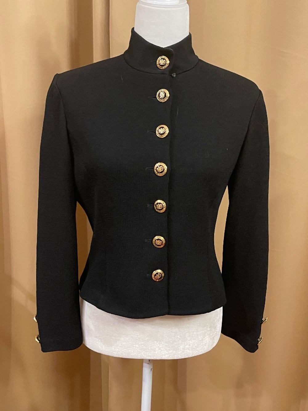 St. John Basics Black Santana Knit Jacket with Gold Crest Buttons. Size 2